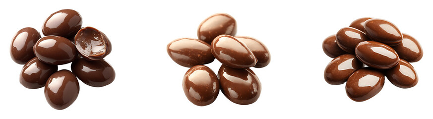 Set, collection of Chocolate-covered almonds isolated on transparent background.
