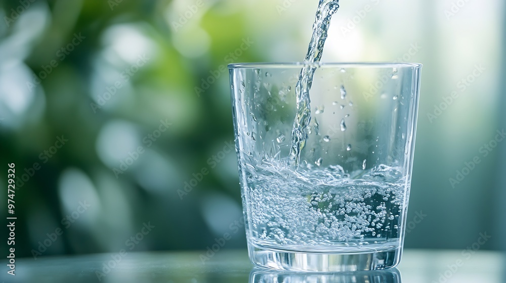 Poster pouring drinking water in a transparent glass isolated on abstract background with glass table water