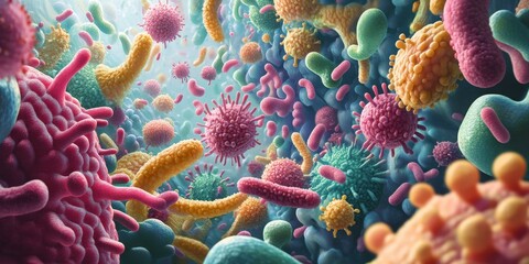 Obraz premium Colorful microscopic organisms in a vibrant environment.