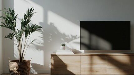 A modern living room with a sleek TV mounted on a contemporary wooden console, accompanied by potted plants, creating a balanced and peaceful ambiance with natural light.