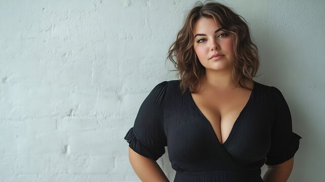 Front view of overweight and tall woman in black silk short  dress for summer posing on a white wall background with black floor Shooting plus size female for online store promoting cl : Generative AI
