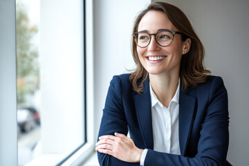 An European businesswoman in her 30s, wearing glasses, is happily smiling while sitting in her office in front of a window.