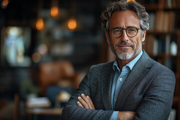 Fototapeta premium A man in a blazer with a beard and glasses looks confidently at the camera.