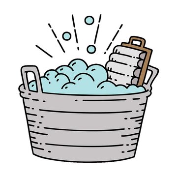 illustration of a traditional tattoo style old washboard and scrubbing bowl 