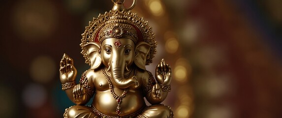 Fototapeta premium Golden Ganesha: A close-up of a golden Ganesha statue with intricate details, symbolizing wisdom, prosperity, and good fortune. The blurred background adds a sense of reverence and spirituality. 