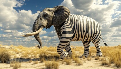 Fototapeta premium 3d Render Illustration Of An Elephant In A Zebra Skin Walking Through The Savannah, Showcasing Unique Wildlife Imagery.