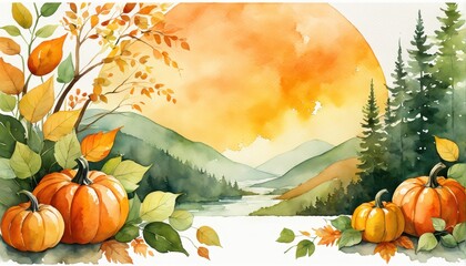 A vibrant autumn landscape featuring pumpkins, colorful leaves, and a serene river with mountains in the background.