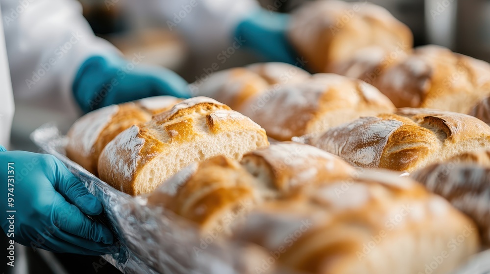 Wall mural close-up of freshly baked bread loaves being handled by gloved hands in a bakery, showcasing the cru