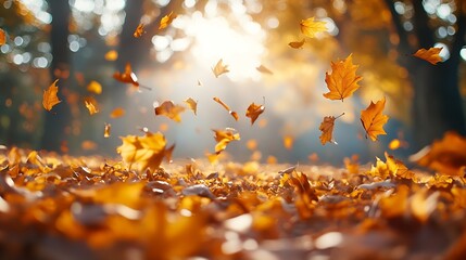 Autumn falling leaves background Fall foliage at sunny day : Generative AI