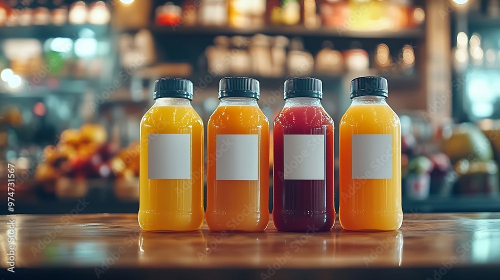 Poster juice bottles with blank label : generative ai