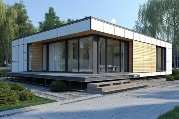 Fototapeta premium 3d illustration of modern modular house construction using composite sip panels in progress