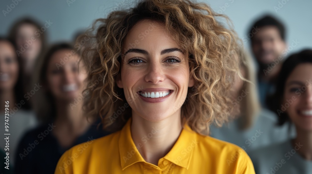 Wall mural a cheerful woman with curly hair in a vibrant yellow shirt, smiling confidently at the camera, with 