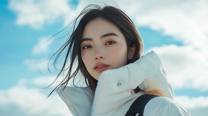 Portrait of a young Asian woman in a white jacket shot against a sky background : Generative AI