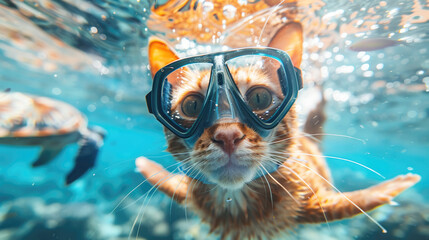 A humorous underwater shot of a curious cat wearing snorkeling goggles against a bright ocean background. The playful and surreal composition evokes adventure.