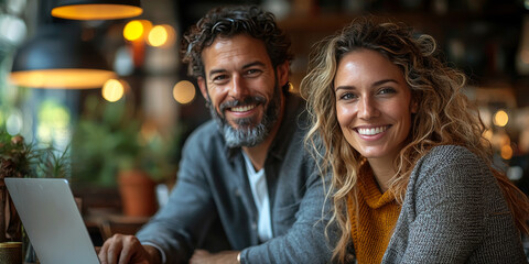 Fototapeta premium A man and woman are sitting at a table with a laptop and smiling at the camera.