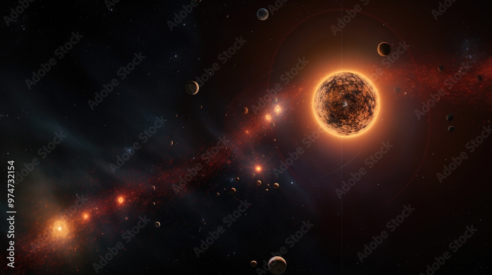 Canvas Prints a celestial tapestry of stars and planets, with a fiery red glow emanating from a distant star.