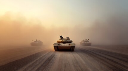 A column of tanks rolling through a foggy battlefield
