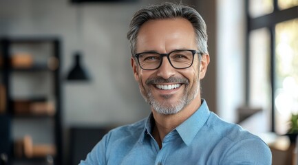 Fototapeta premium Happy Middle-Aged Professional Businessman, Smiling Mature Executive CEO and Manager. 45-Year-Old Male Entrepreneur, Confident Business Owner Wearing Glasses in an Office Setting. Headshot Portrait