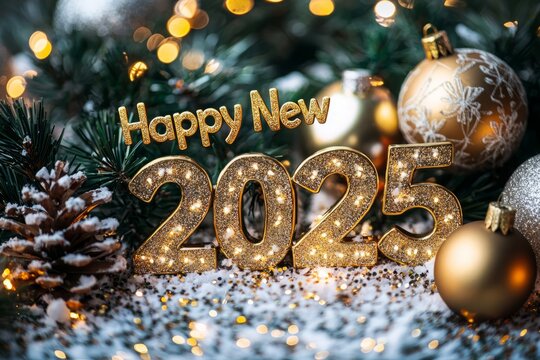 "Happy New Year 2025" in sparkling gold text with festive decorations --ar 3:2 --quality 2 --stylize 250 --v 6.1 Job ID: 9ddad560-b677-4064-9713-c9847b0781f7