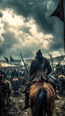A Stormy Sky Looms Over Genghis Khan's Camp, His Warriors Ready for Battle.