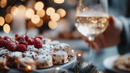 A festive dessert table adorned with pastries dusted with powdered sugar and garnished with raspberries next to a glass of wine, highlighting celebration and indulgence.