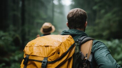 A serene image of hikers with yellow and green backpacks, exploring a lush green forest trail, capturing a sense of adventure, nature, and the tranquility of outdoor exploration.