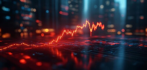 A dynamic red graph line representing increasing data trends in a futuristic cityscape with glowing elements.