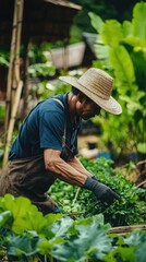 A Thai farmer, weathered by the sun, tends to his flourishing vegetable garden, his hands calloused by years of hard work.