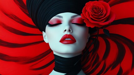 A woman with a black turban and a red rose in her hair, with closed eyes and red lips.