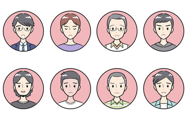 様々な年代の大人男性　ネガティブな表情　丸いアイコンセット　ピンク
