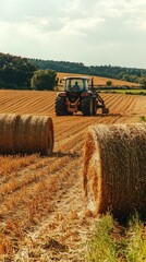 A lone tractor diligently bundles hay bales in a golden field, creating a picturesque scene of rural life.