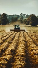 Fototapeta premium A Powerful Green Tractor Effortlessly Gathers Hay, Leaving Behind a Golden Trail in the Field, Under a Softly Lit Sky.