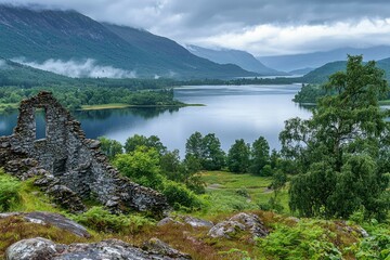 A View of a Stone Ruin Overlooking a Scottish Lake