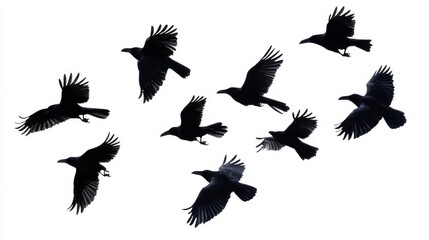 crows flock silhouette isolated on white background