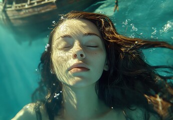 Young woman floating underwater near a sunken ship on a sunny day