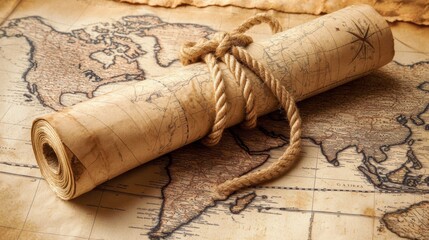 Antique world map scroll resting on a vintage map in warm lighting