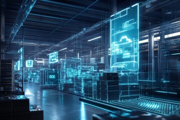 Advanced warehouse featuring holographic technology for precision in logistics and delivery systems