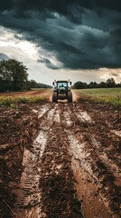 Fototapeta premium A lone tractor navigates a muddy field, its journey marked by deep tire tracks, a testament to the recent downpour.