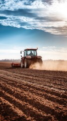 Obraz premium A Red Tractor Tills a Field Under a Vast, Blue Sky, Dust Rising in its Wake