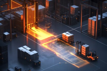 Illuminated warehouse with 3d data visualization  forklifts amidst holographic blueprints and waves