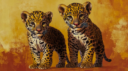Fototapeta premium A couple of baby jaguars standing next to each other on a colored background.