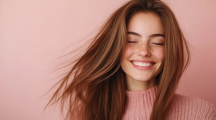 Fototapeta premium A young woman with a bright smile and wind-blown hair in a soft pink background, exuding joy and freshness, creating a sense of vibrant youthfulness and freedom.