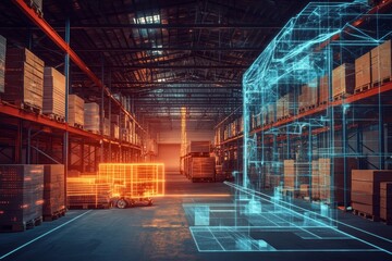 Industrial warehouse visualization  merging traditional storage with advanced holographic data flow