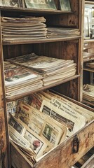 A Timeworn Treasure Trove: Stacks of Vintage Newspapers in a Wooden Rack, Whispering Tales of a Bygone Era.