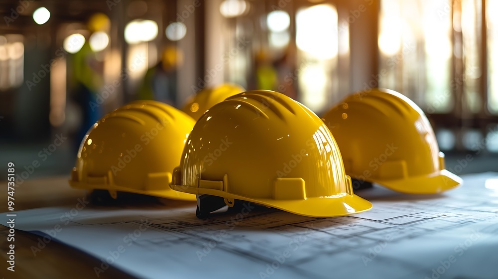 Poster A group of construction workers are wearing yellow hard hats The hats are placed on a table next to a blueprint : Generative AI