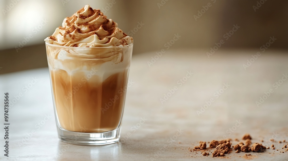 Poster dalgona coffee or whipped instant coffee new popular food and drink trend light background one glass