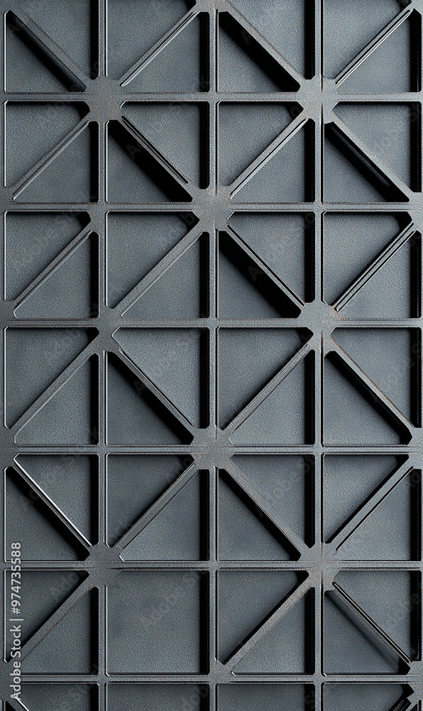 Poster a texture of dark gray metal grates with triangular patterns, suitable for background or design use