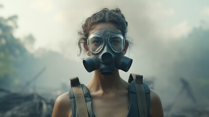 A woman in a gas mask looks directly at the camera, her face obscured by the mask. She is wearing a backpack and is surrounded by smoke and debris.