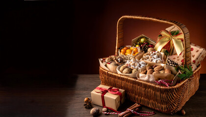 A variety of elegantly wrapped gift baskets filled with gourmet treats, perfect for holiday