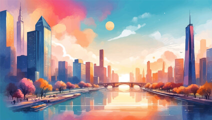 Obraz premium Vibrant Abstract Wave of Smart City with Multilayered Color Texture and Digital Elements - Global Technology and Social Network Concept for Web Banner Design